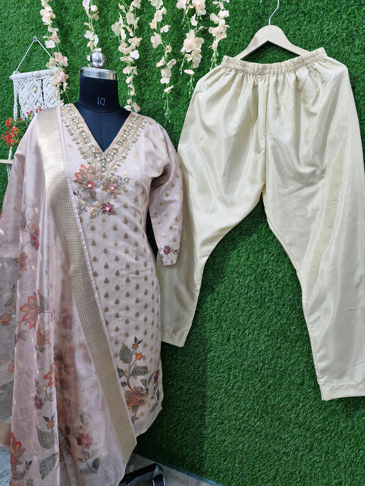 Elegant Beige and Gold Embroidered Suit with Floral Dupatta