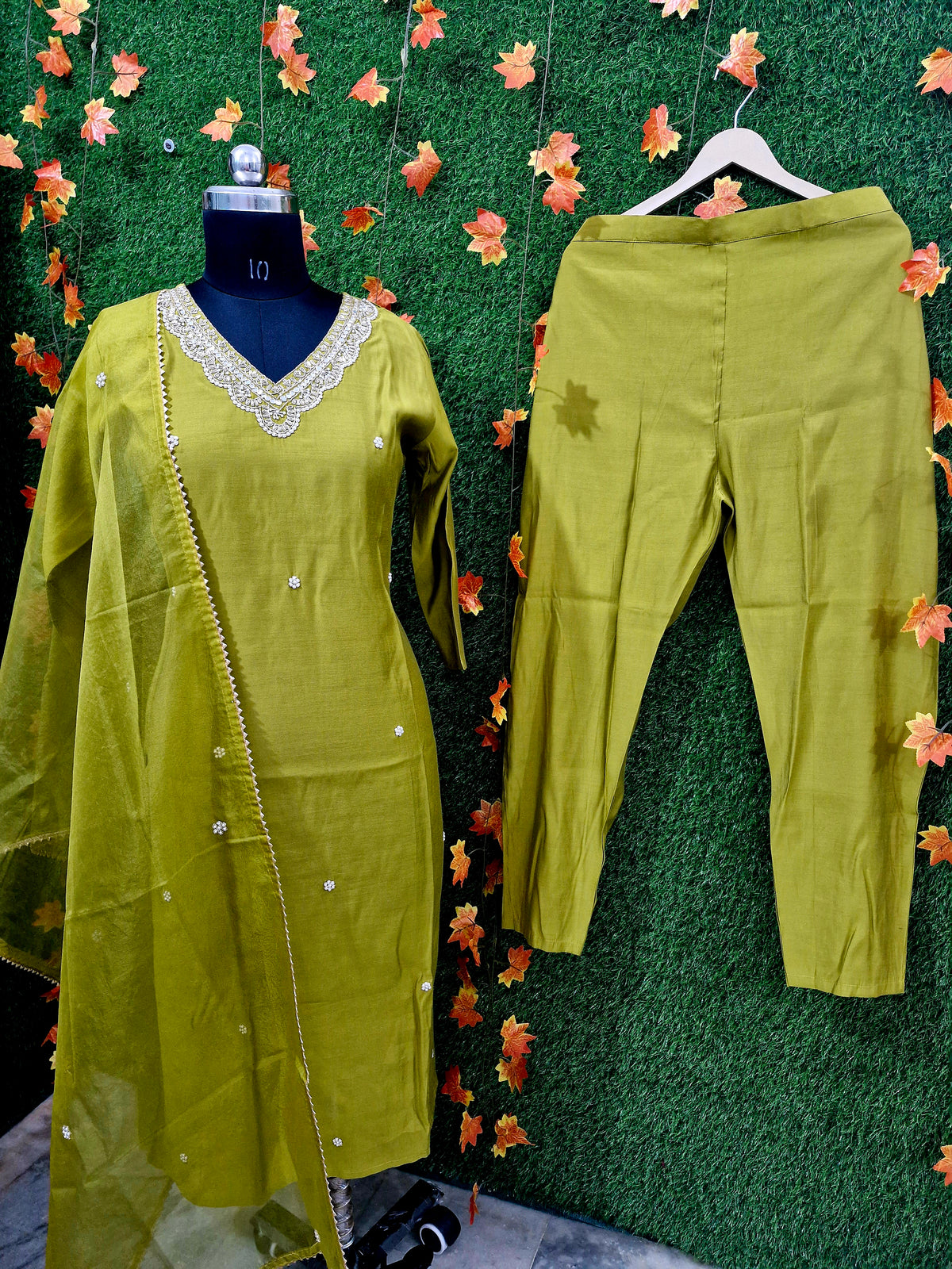 Elegant Olive Green Embroidered Suit Set