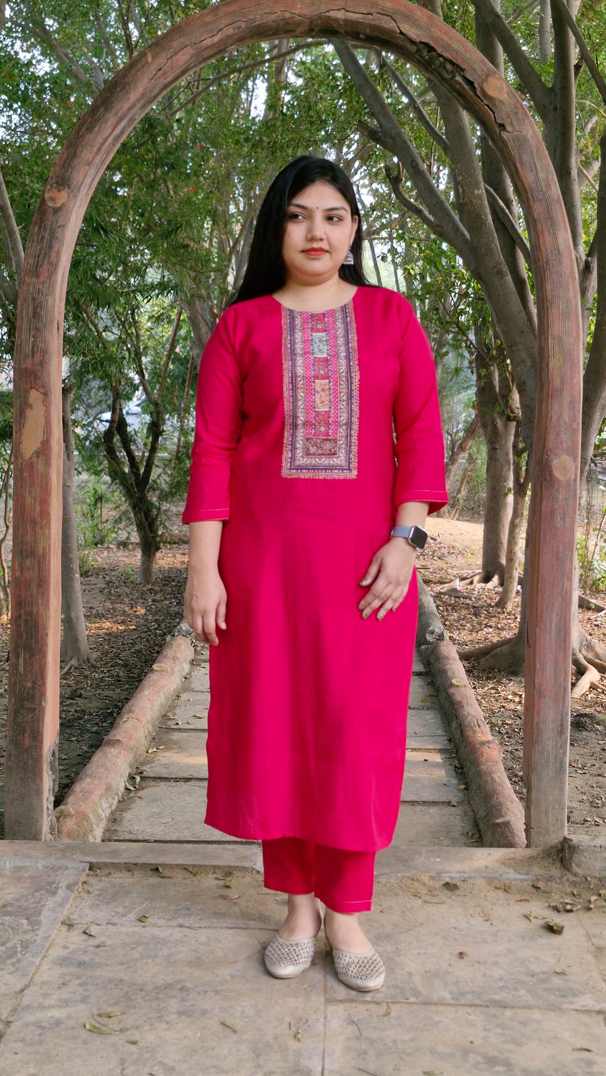 Pink Dola Silk Three-Piece Suit with Multi-Colored Dupatta