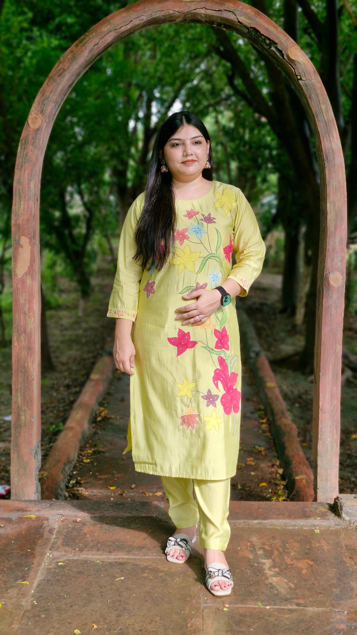 Lime Bloom Embroidered Three-Piece Dola Silk Suit Set