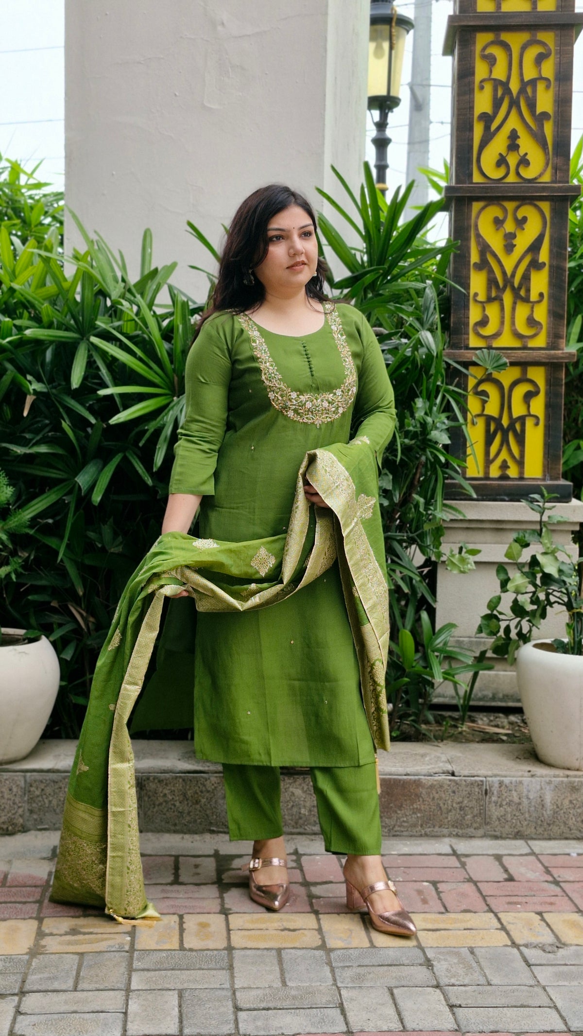Olive Green Dola Silk Embroidered Suit Set