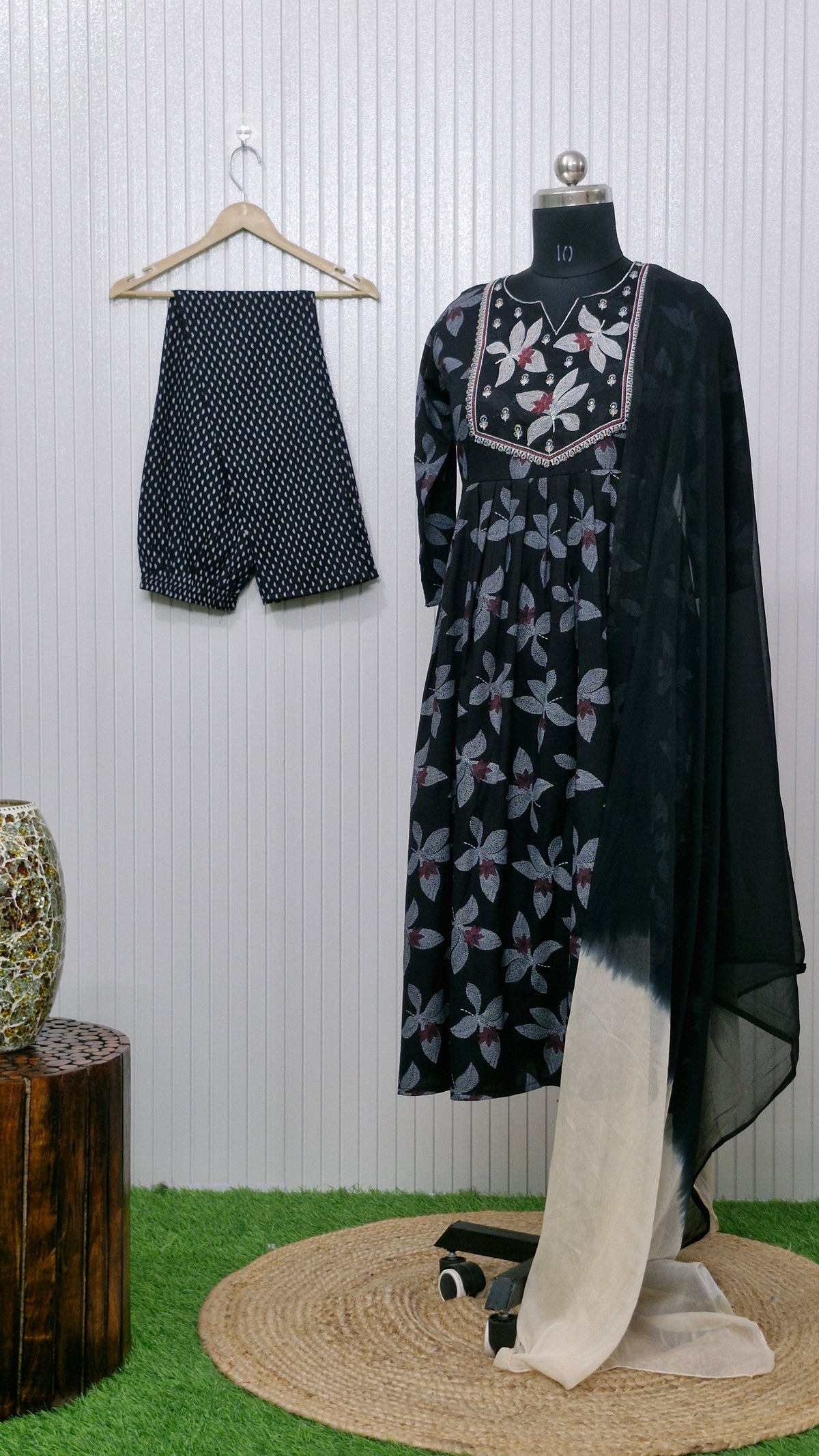 Black Bloom Printed Anarkali Suit Set