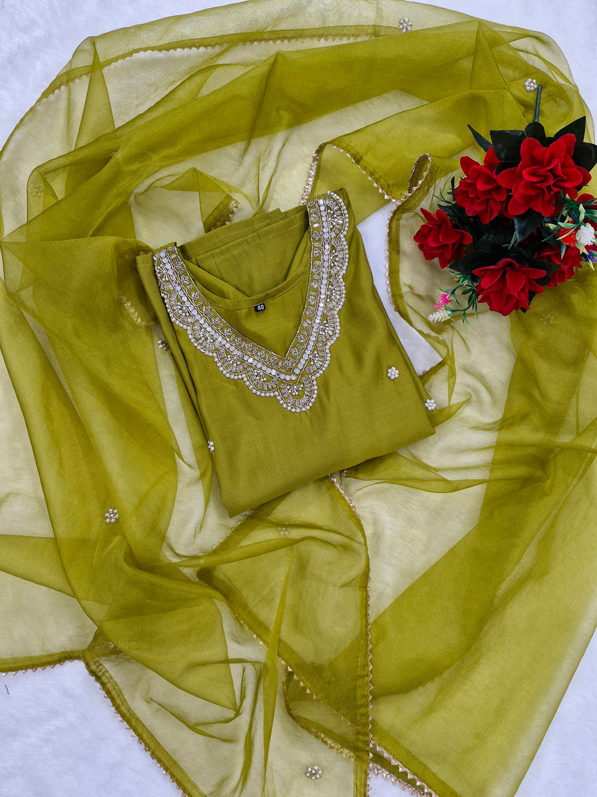 Elegant Olive Green Embroidered Suit Set