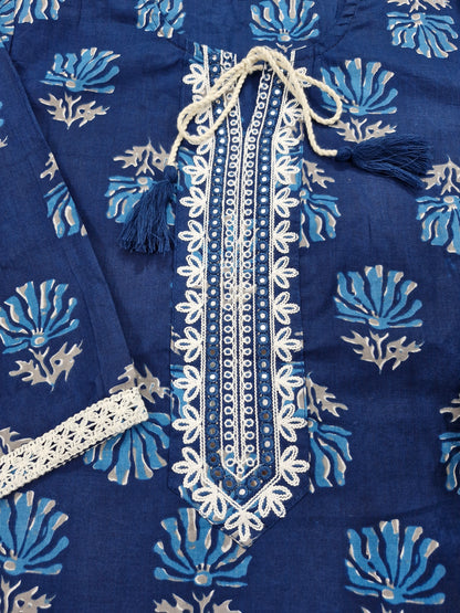 Royal Blue Floral Printed Suit with Striped Dupatta