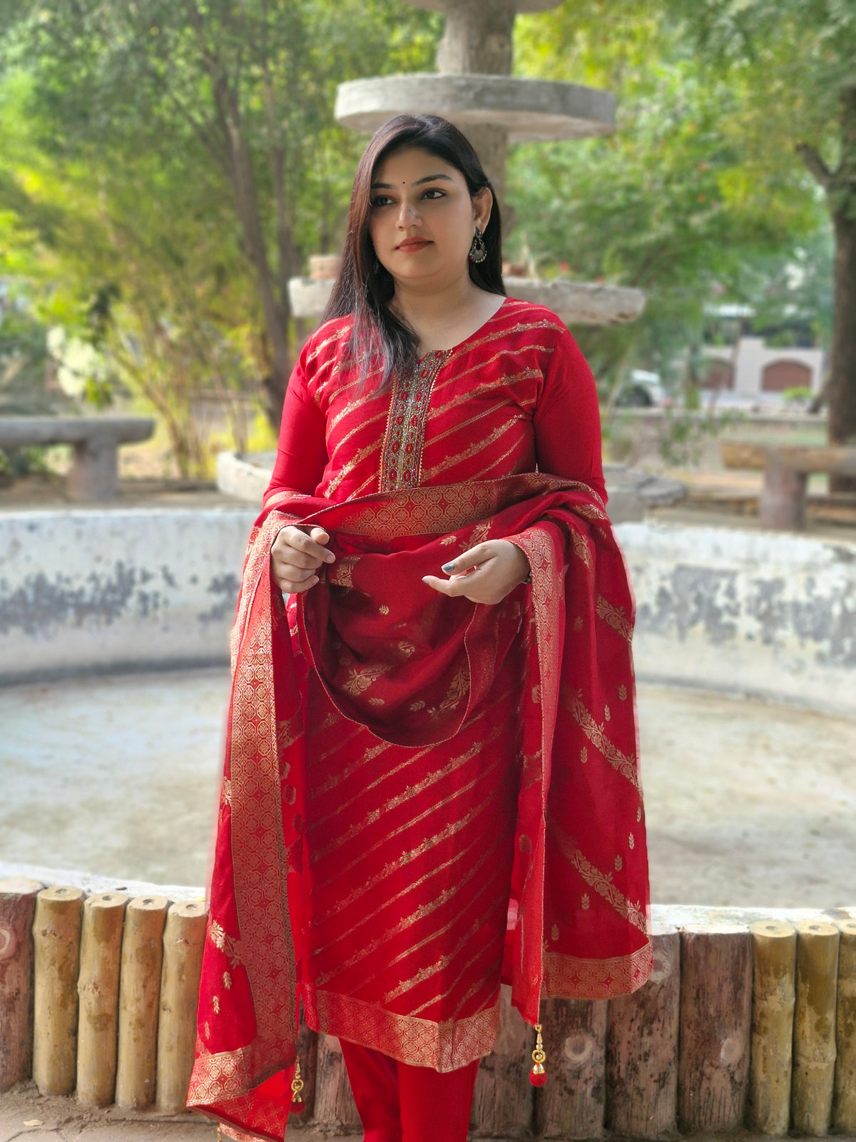 Regal Red Banarasi Elegance" Embroidered Three-Piece Suit Set