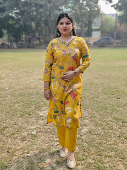 Yellow Floral Muslin Three-Piece Suit with Embroidered silk Dupatta