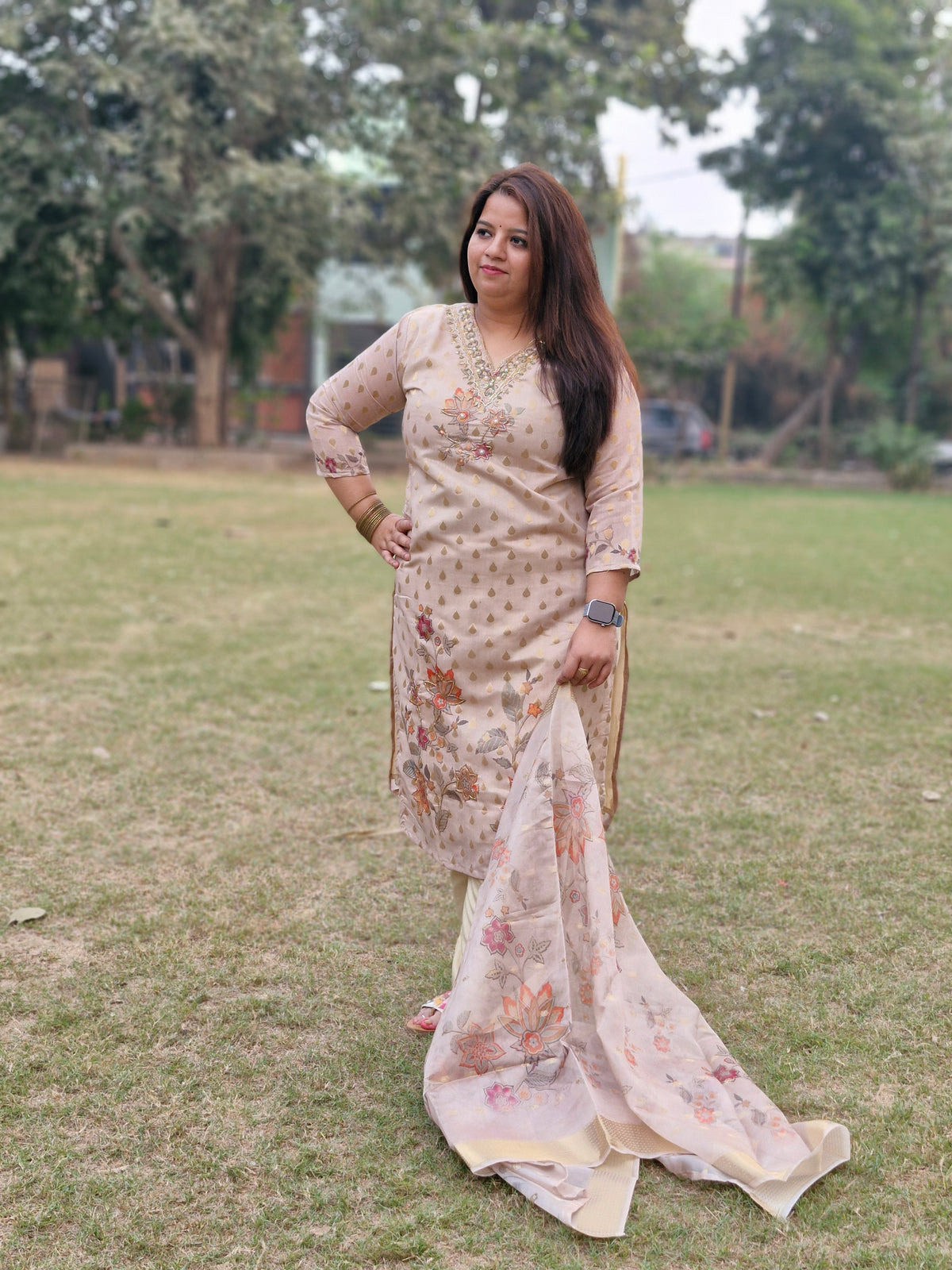 Elegant Beige and Gold Embroidered Suit with Floral Dupatta