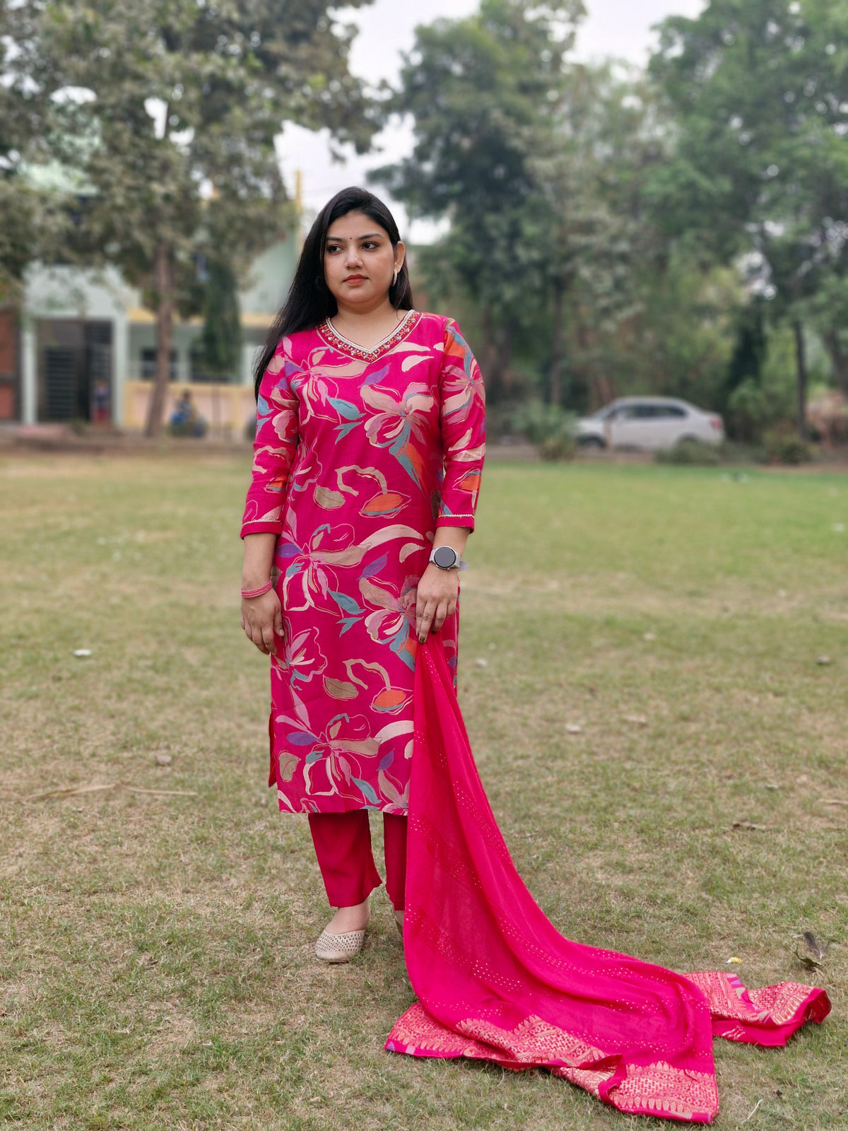 Magenta Pink Floral Muslin Three-Piece Suit with Embroidered Silk Dupatta