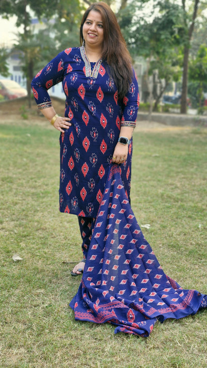 Navy Blue Cotton Three-Piece Suit with Embroidered Neckline
