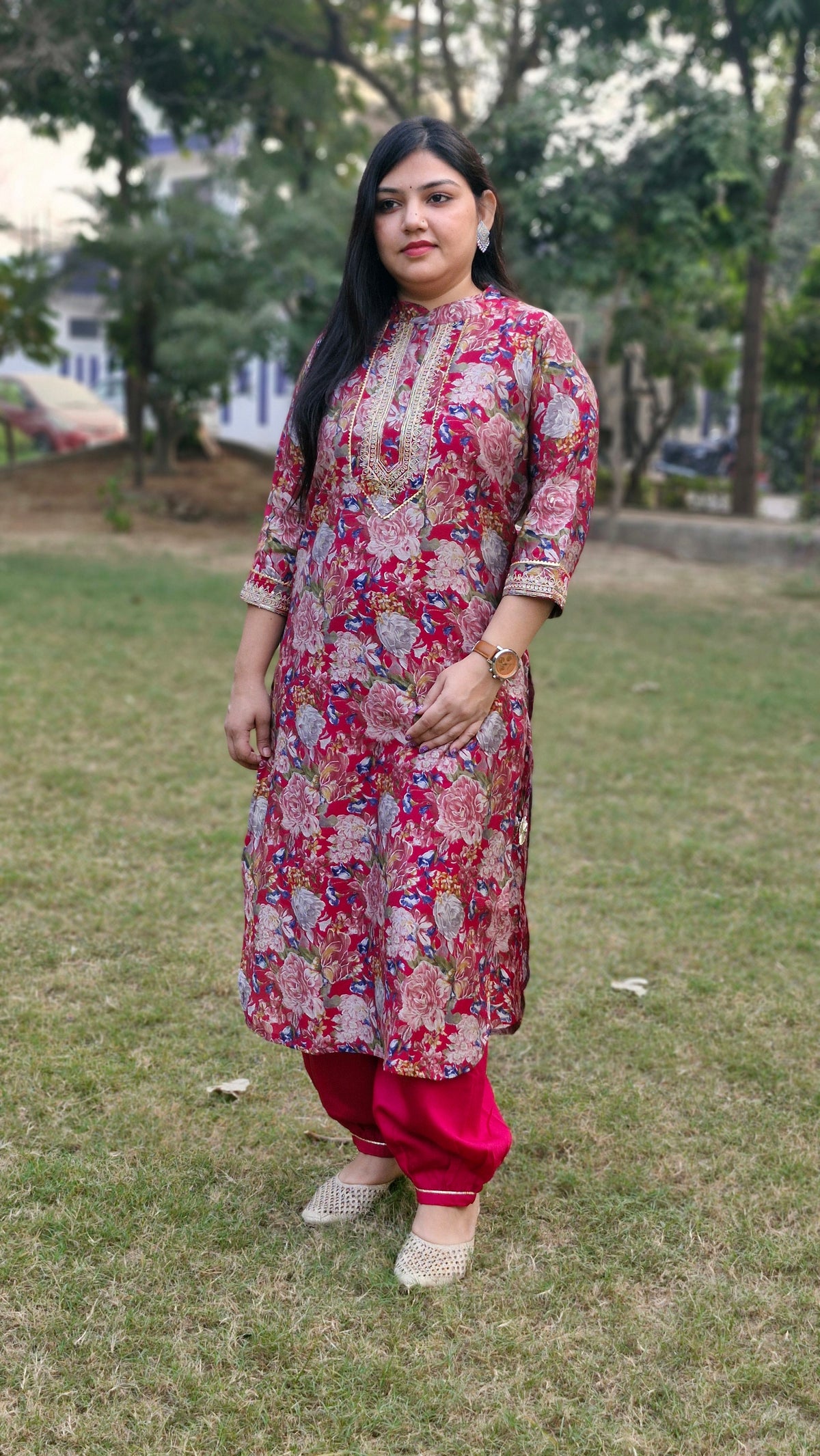 Deep Pink Floral Print Suit with Embroidered Neckline and Striped Dupatta