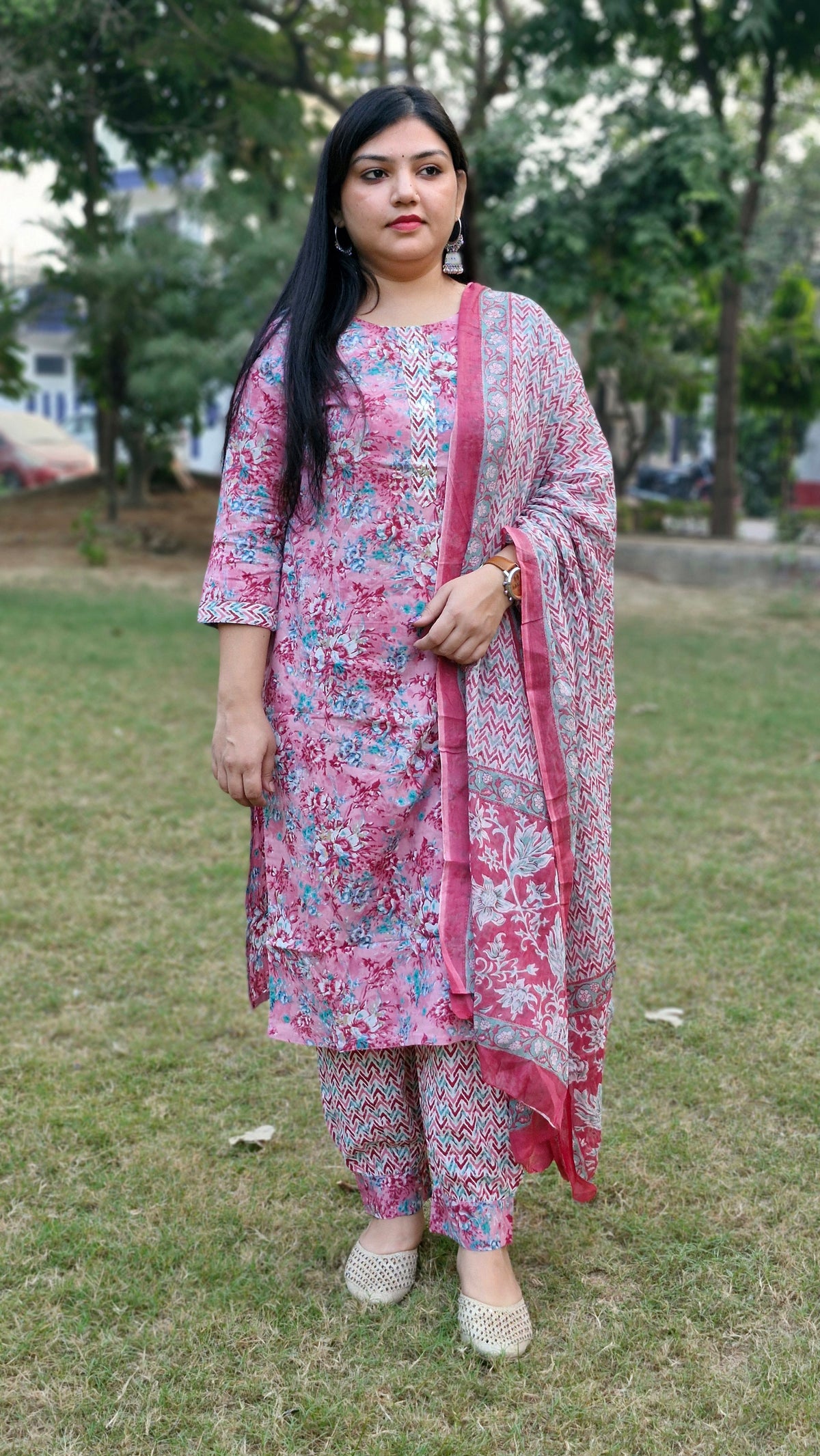 Floral Light Pink Floral Cotton Three-Piece Suit