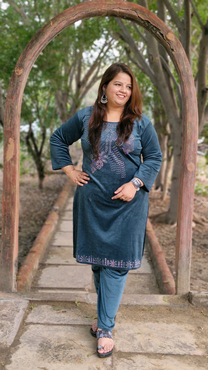 Elegant Teal Green Velvet Three-Piece Suit