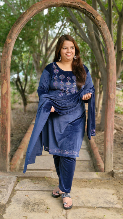 Elegant Blue Velvet Three-Piece Suit