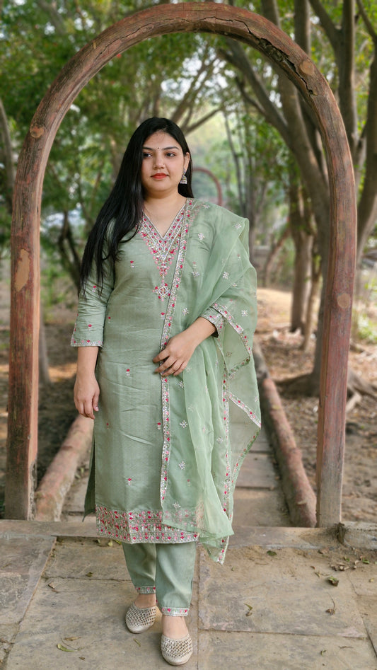 Graceful Mint Green Dola Silk Suit with Organza Dupatta