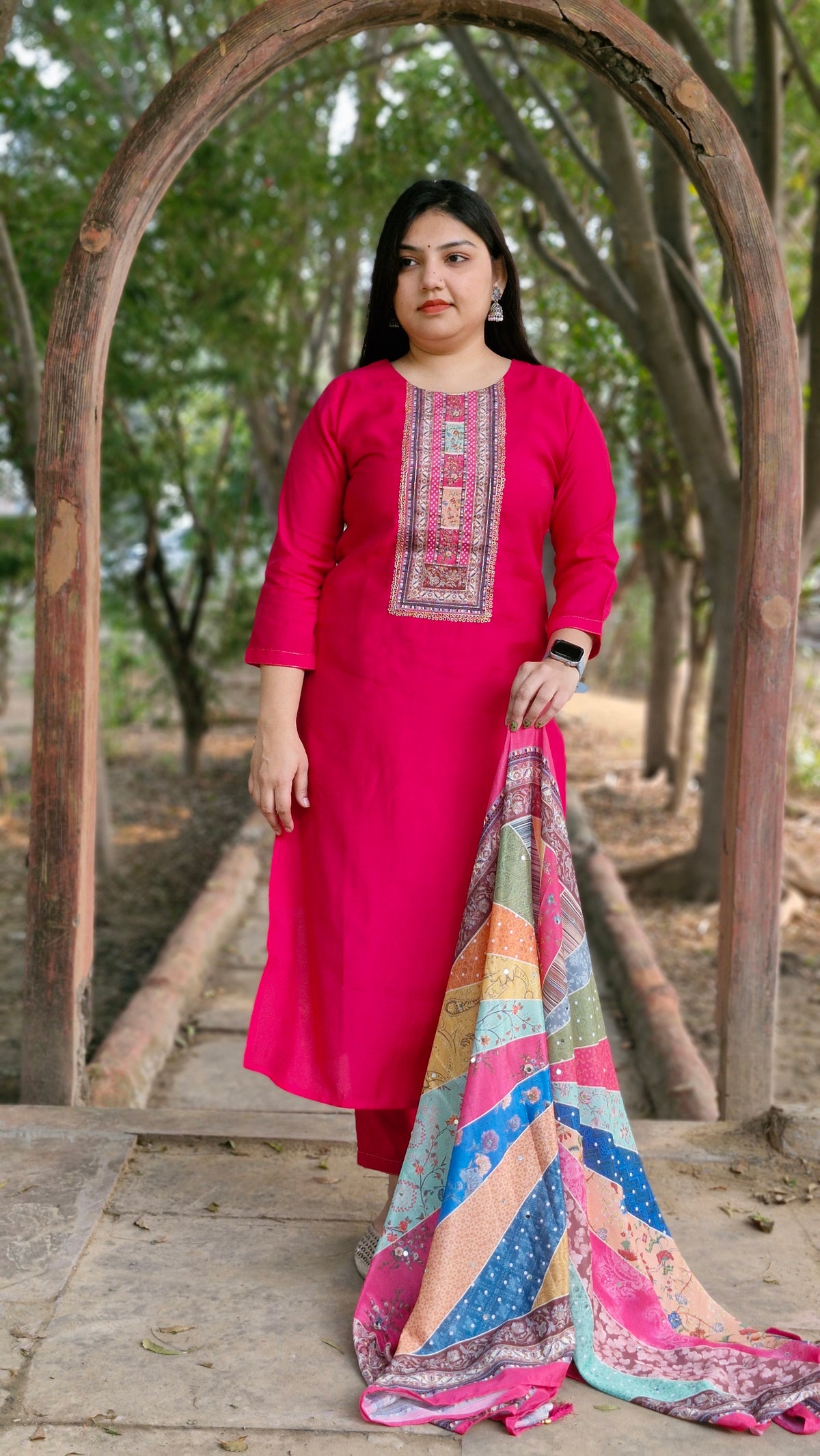 Pink Dola Silk Three-Piece Suit with Multi-Colored Dupatta