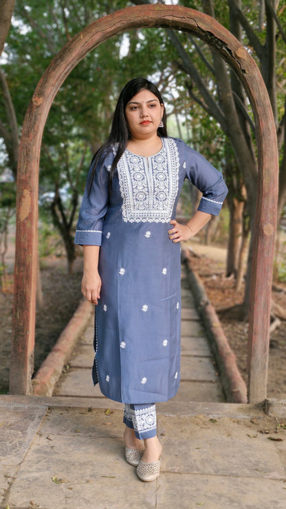 Steel Blue Dola Silk Suit with White Embroidery and Lace Work