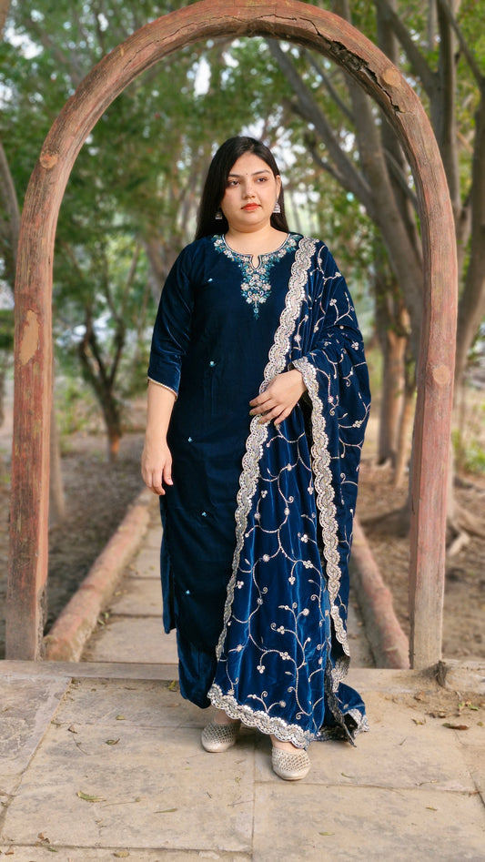 Teal Velvet Embroidered Three-Piece Suit Set