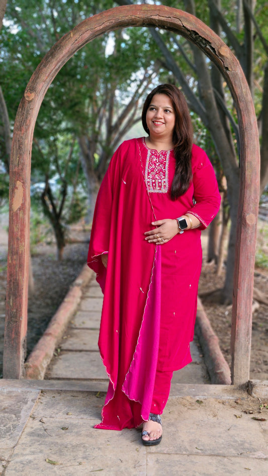 Magenta Velvet Embroidered Three-Piece Suit Set