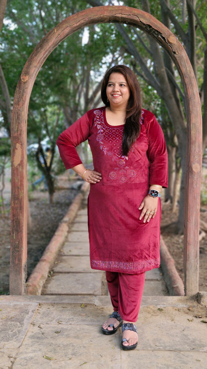 Luxurious Three-Piece woolen velvet suit in Mehroon