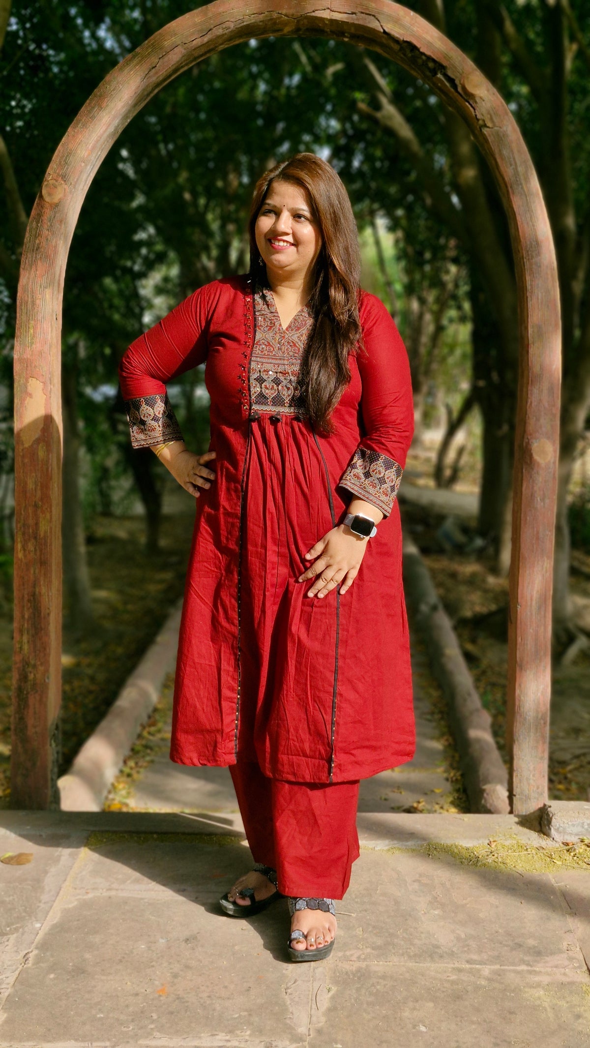 Ruby Maroon Printed Cotton Suit Set with Contrast Dupatta