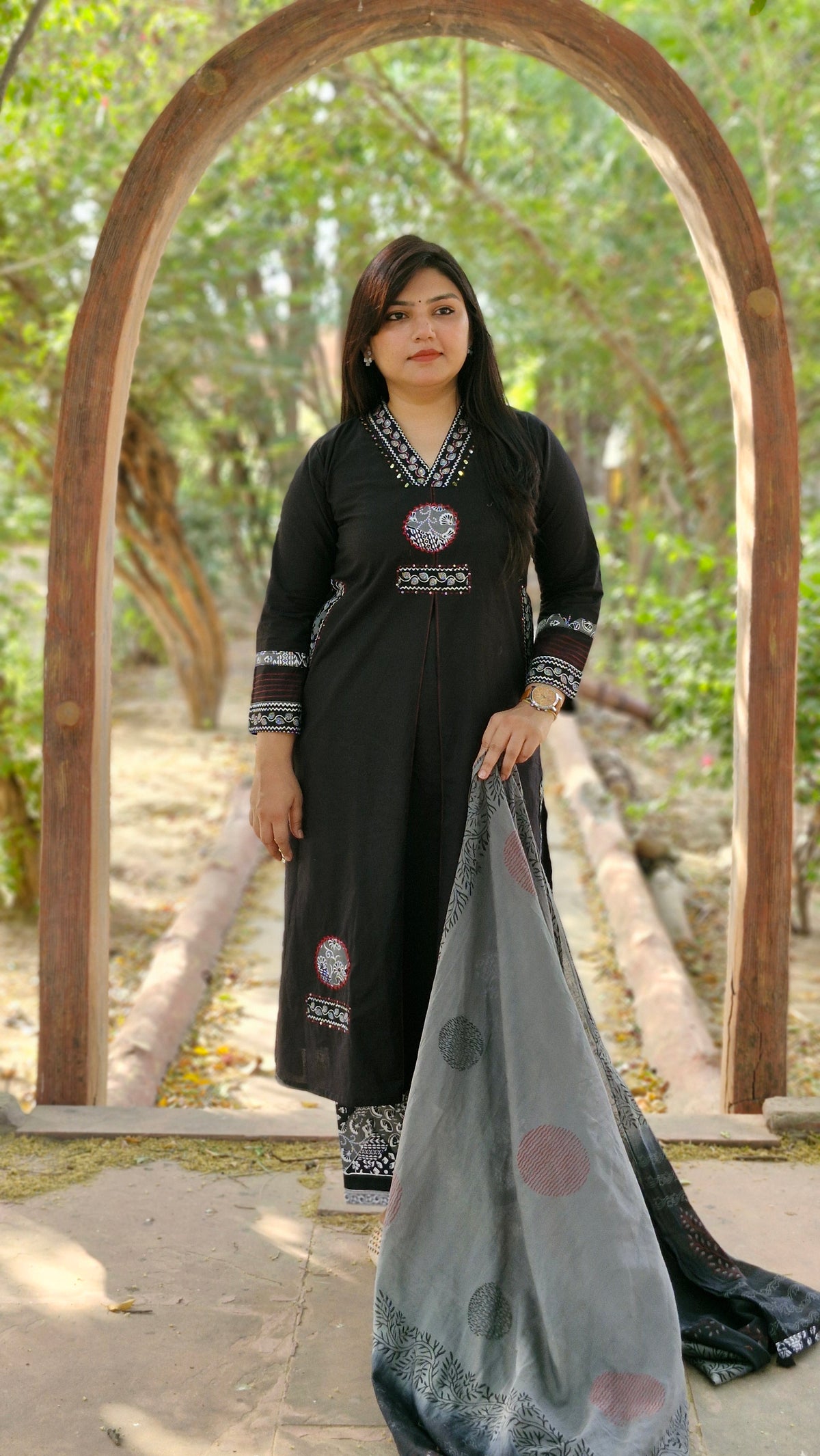 Ajrakh Print Style with Thread Embroidery Suit Set