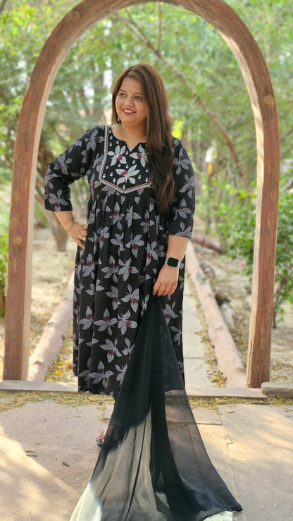 Black Bloom Printed Anarkali Suit Set