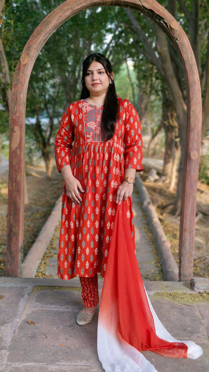 Orange Bloom Printed Anarkali Suit Set