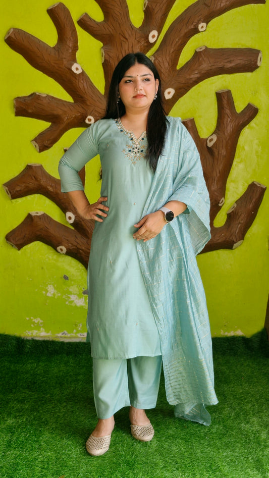 "Aqua Serenity" - Elegant Embroidered Kurta Set