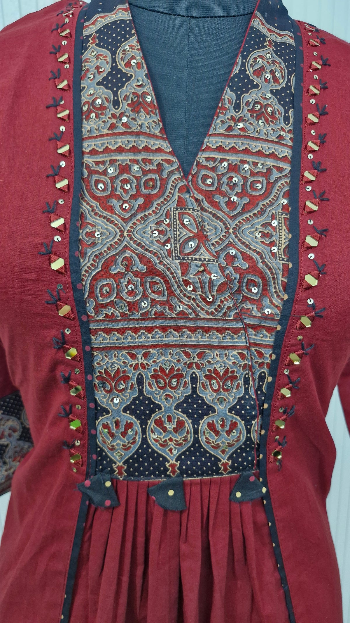 Ruby Maroon Printed Cotton Suit Set with Contrast Dupatta