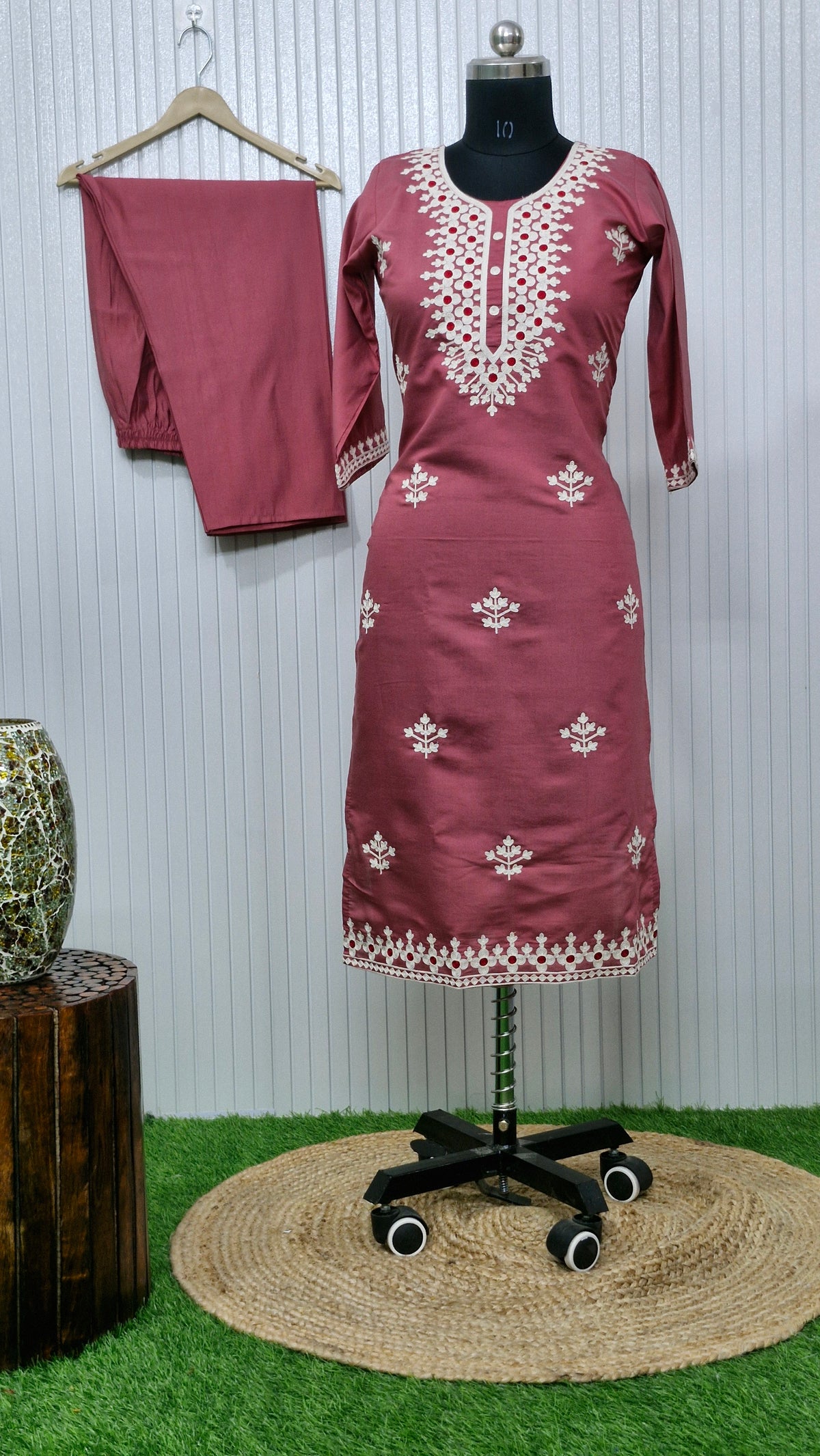 Dusty Rose Embroidered Dola Silk Suit Set