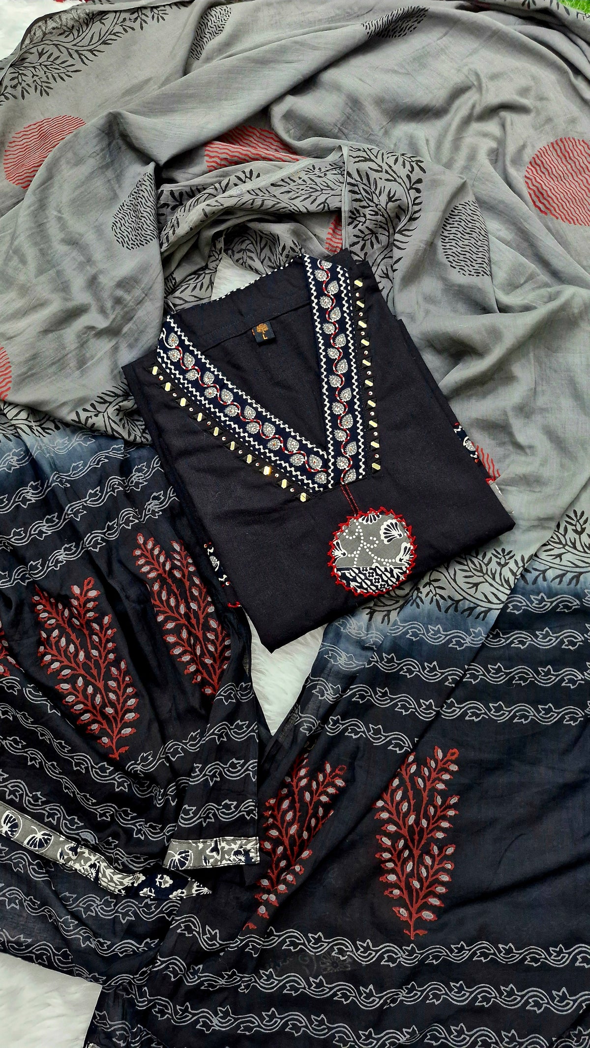 Ajrakh Print Style with Thread Embroidery Suit Set