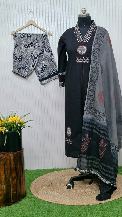 Ajrakh Print Style with Thread Embroidery Suit Set