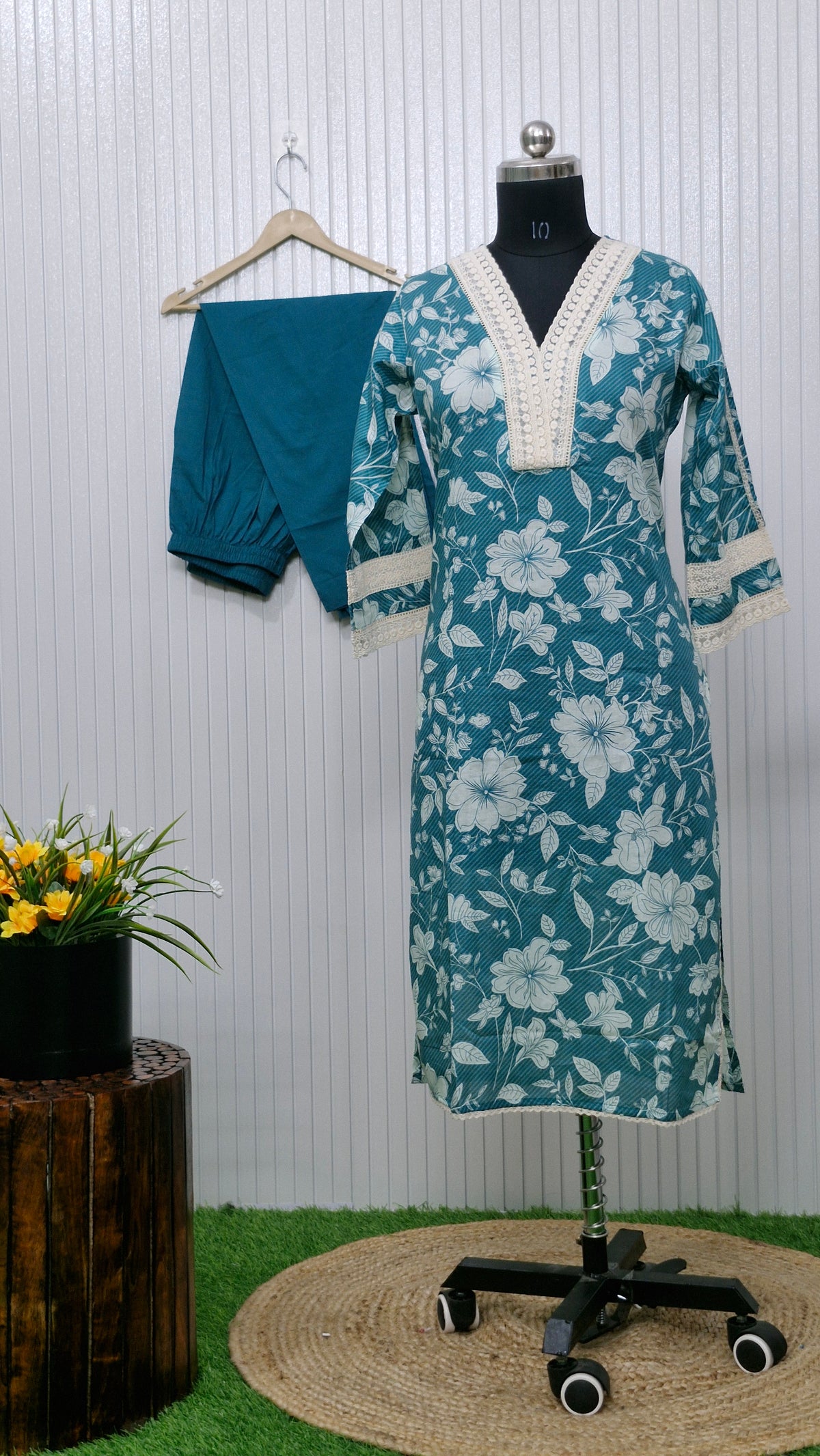 Gulnoor Teal Blossom Cotton Suit Set
