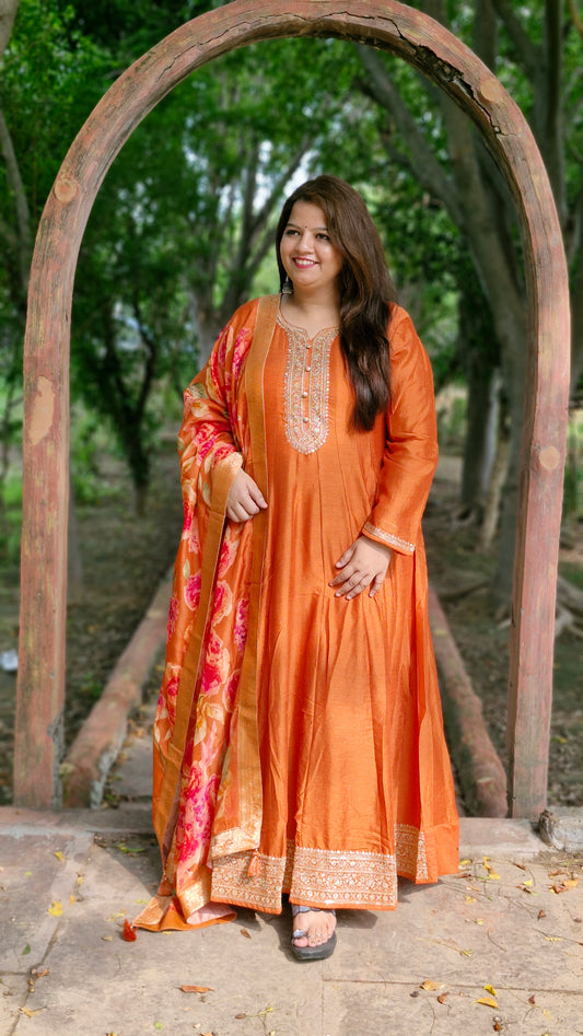 Vibrant Orange Embroidered Anarkali Suit – Two Piece Premium Set