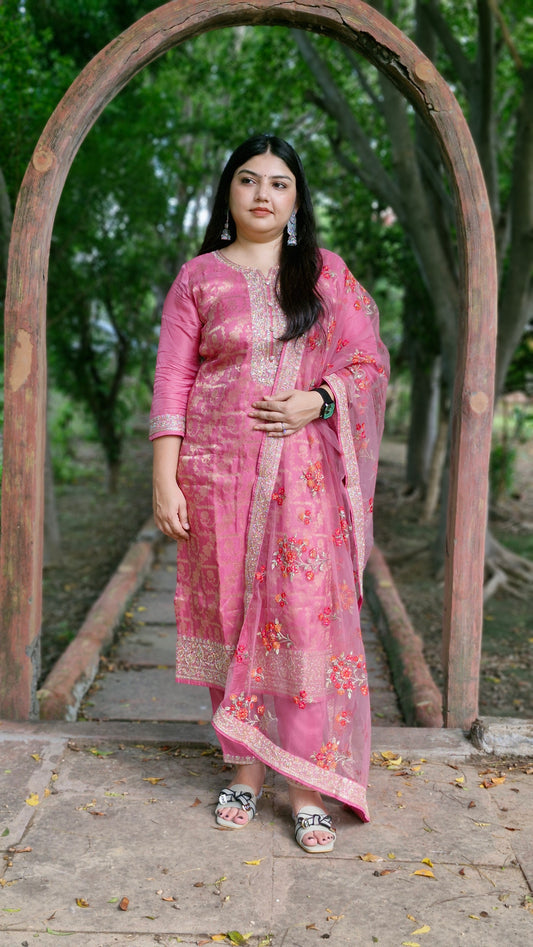 Rosy Grace Embroidered Three-Piece Premium Suit Set