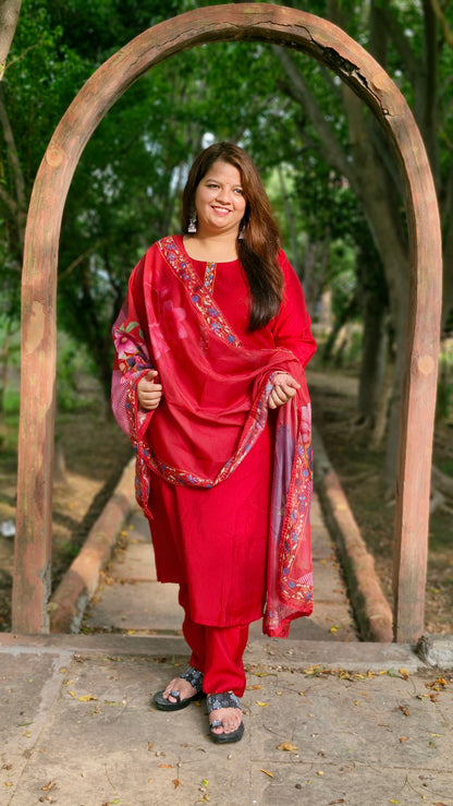 Crimson Bloom Cotton Silk Three-Piece Suit Set