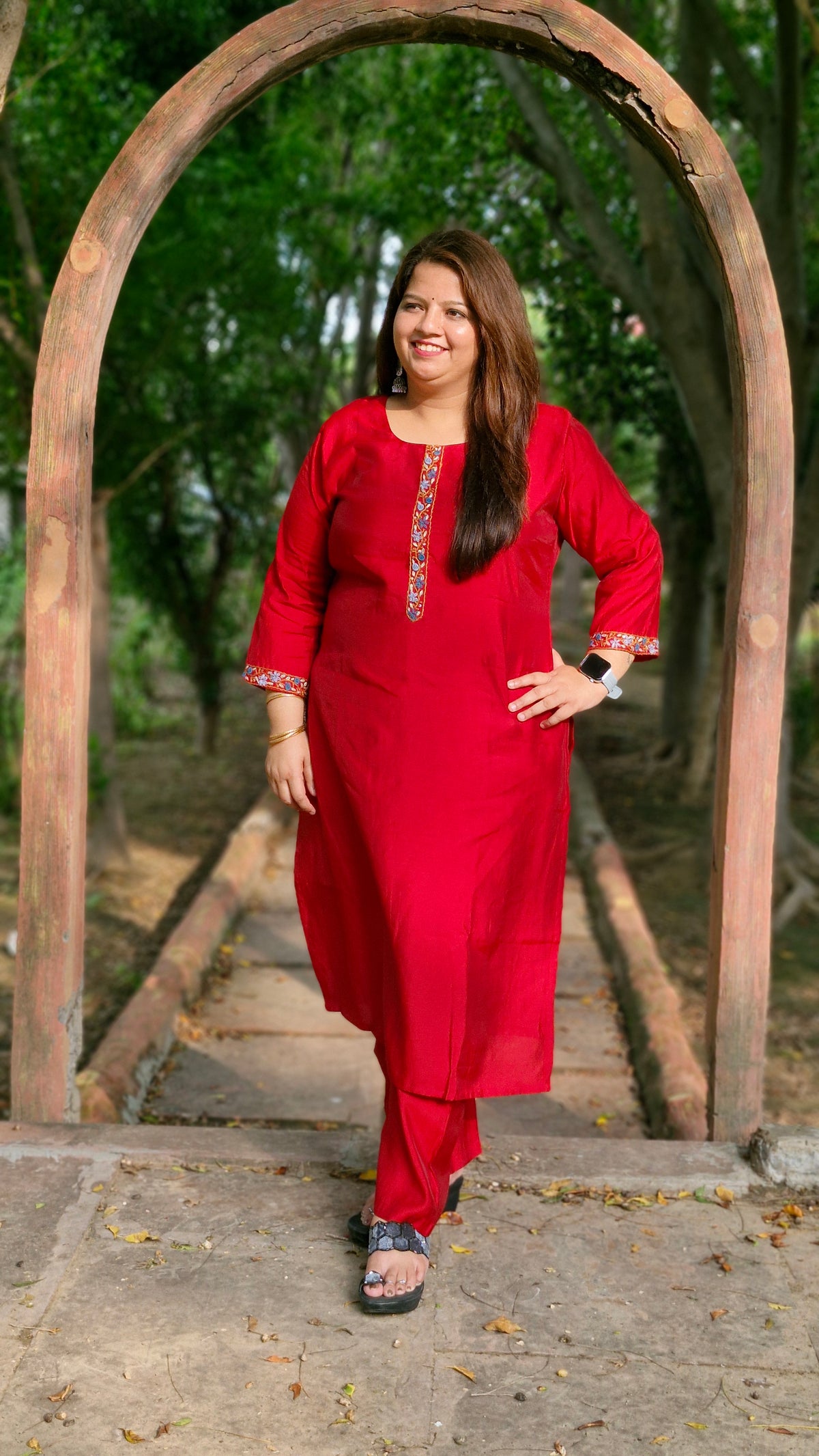 Crimson Bloom Cotton Silk Three-Piece Suit Set