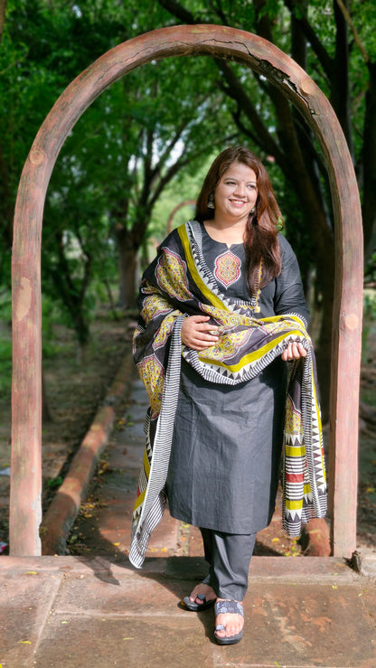 Charcoal Charm – Cotton Embroidered Suit Set