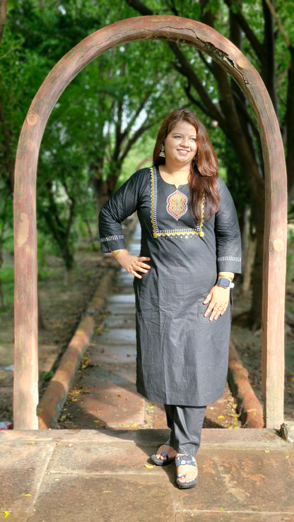 Charcoal Charm – Cotton Embroidered Suit Set