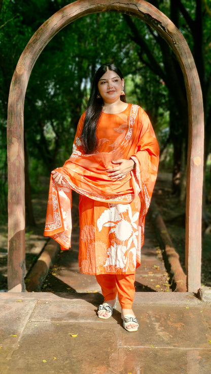 Kesari Bloom  Cotton Three-Piece Suit with Elegant Thread Work