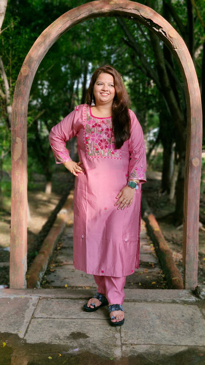 Dusky Rose  Embroidered Cotton Silk Three-Piece Suit Set