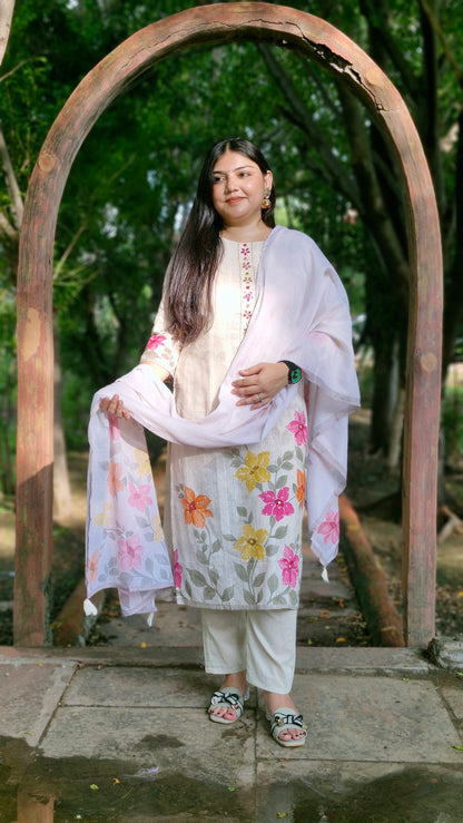 Petal Haze – Ivory Cotton Three-Piece Suit Set