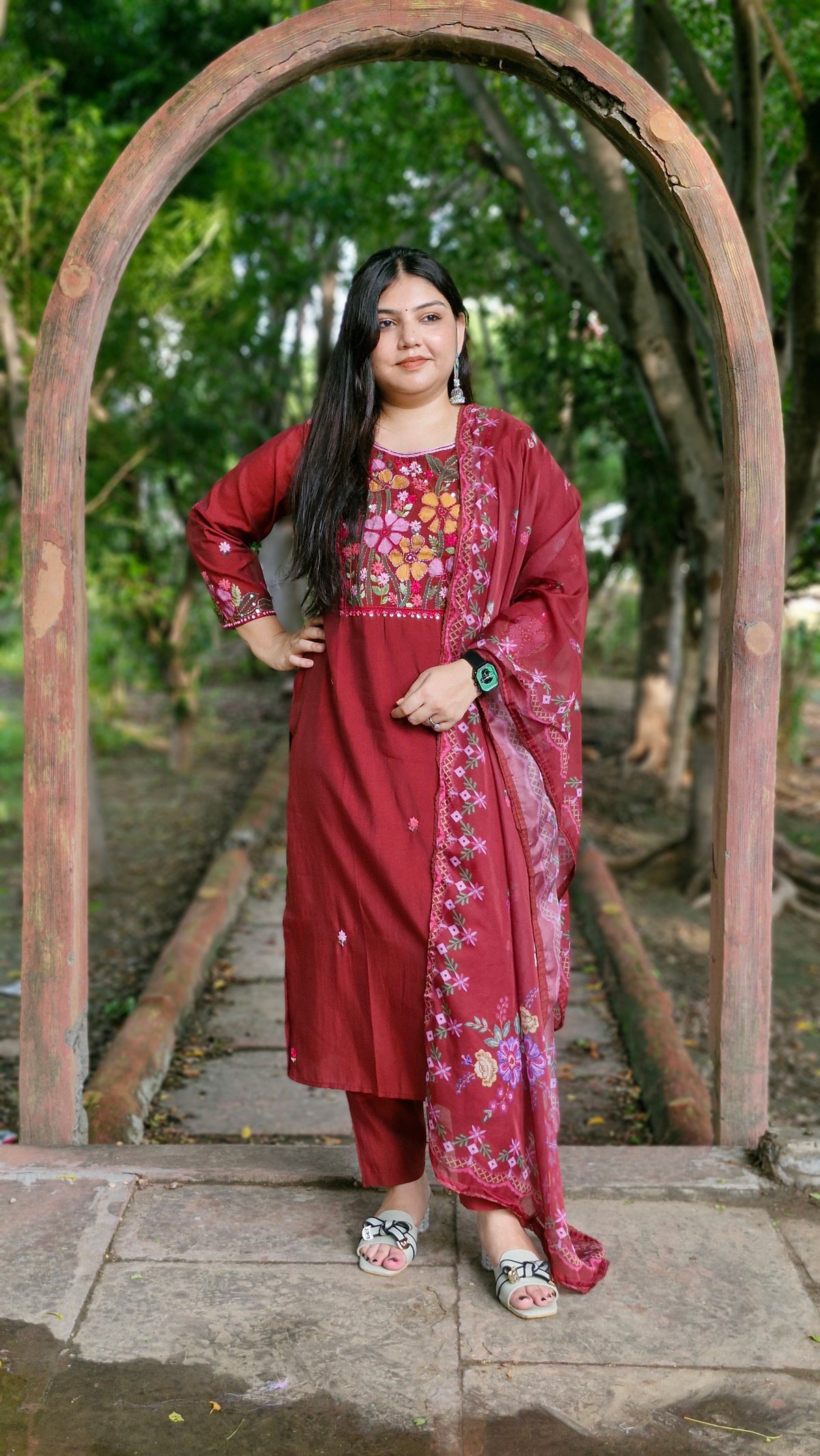 Mahogany Charm – Cotton Silk Three-Piece Suit Set