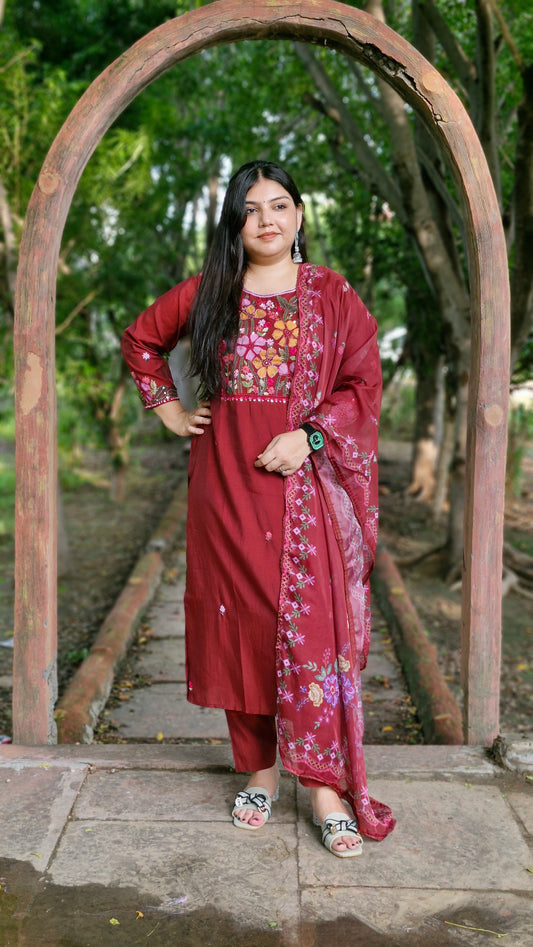 Mahogany Charm – Cotton Silk Three-Piece Suit Set