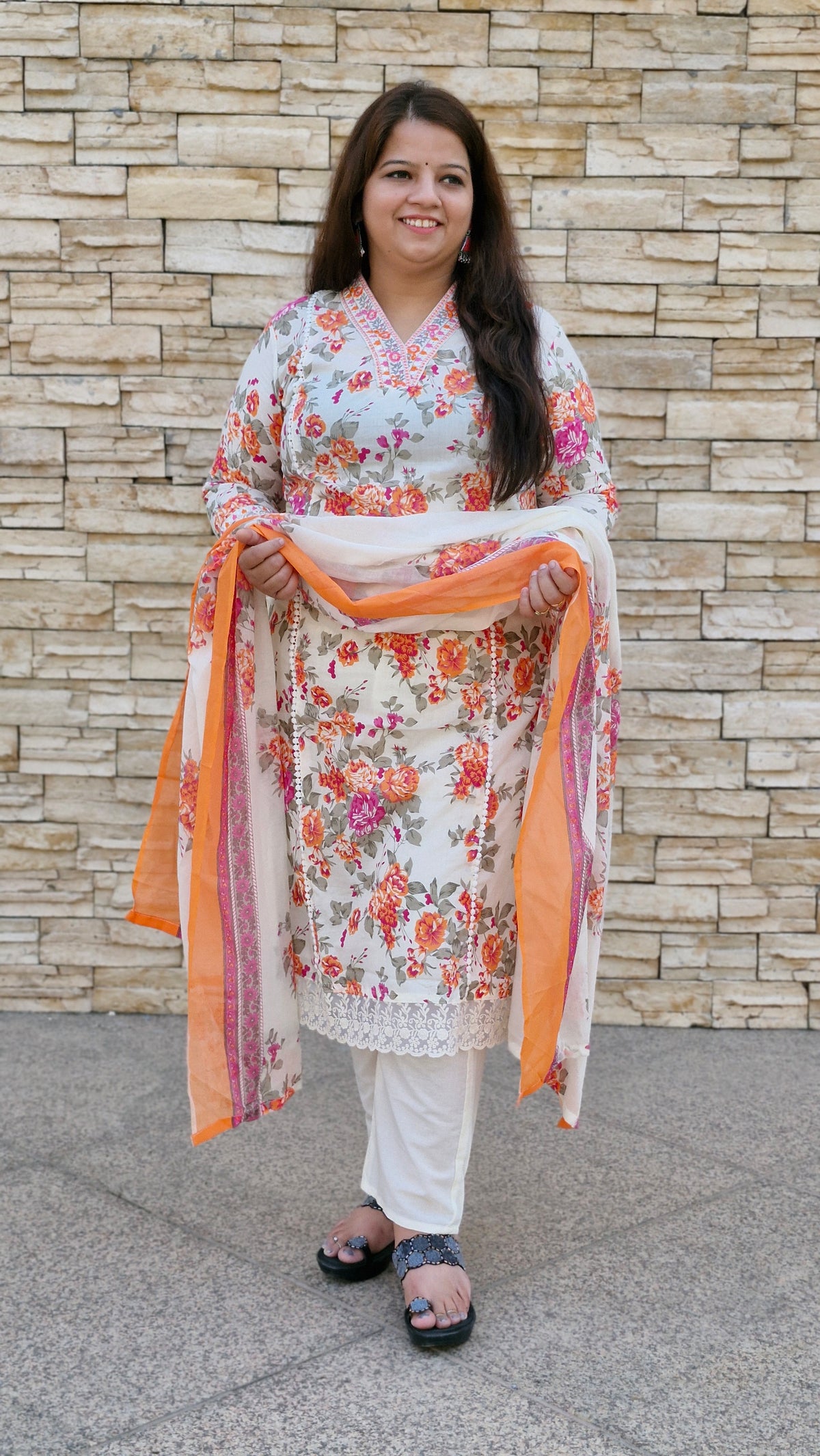 Vibrant Peach & Orange Floral Printed Suit