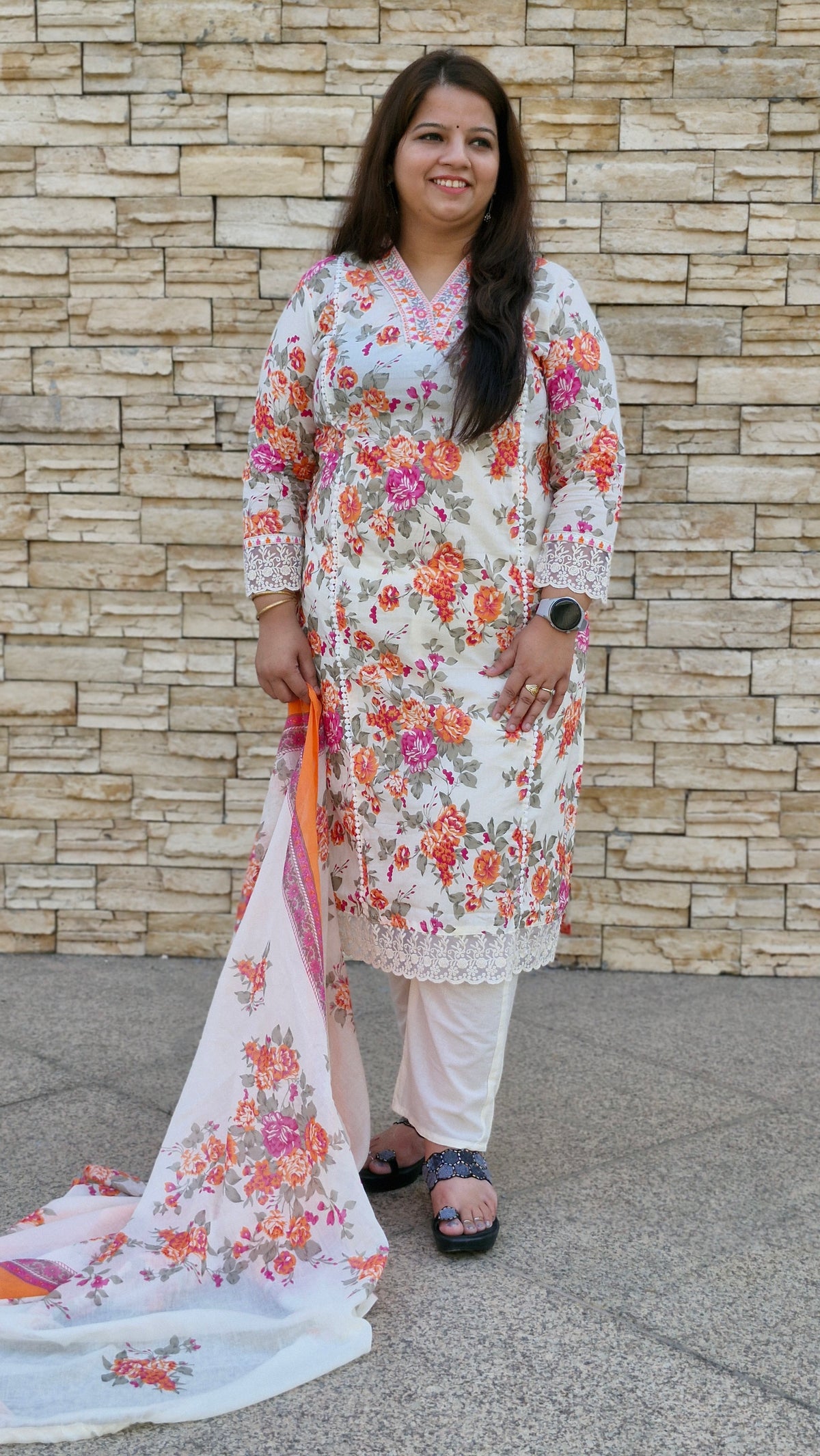 Vibrant Peach & Orange Floral Printed Suit