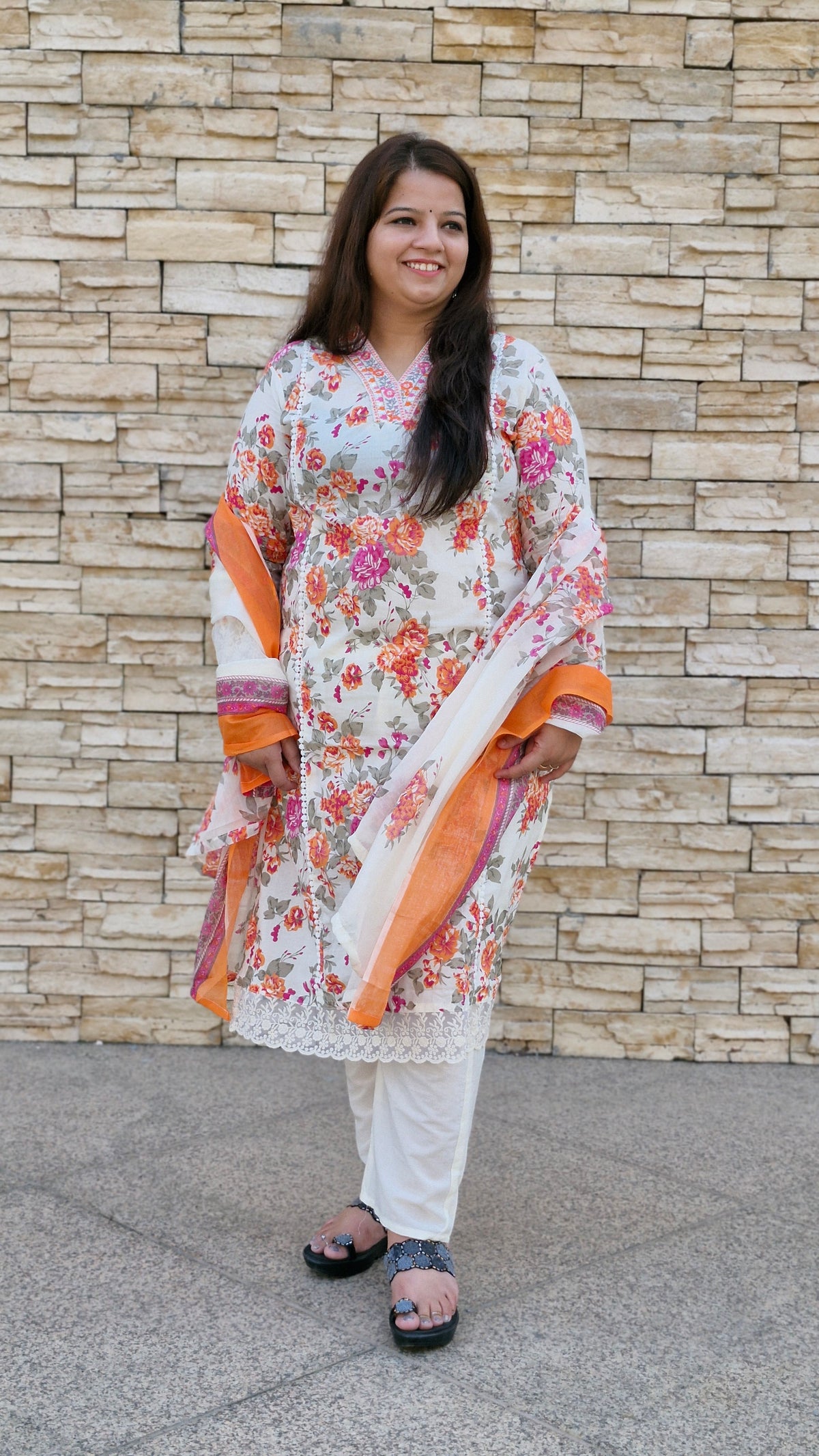 Vibrant Peach & Orange Floral Printed Suit