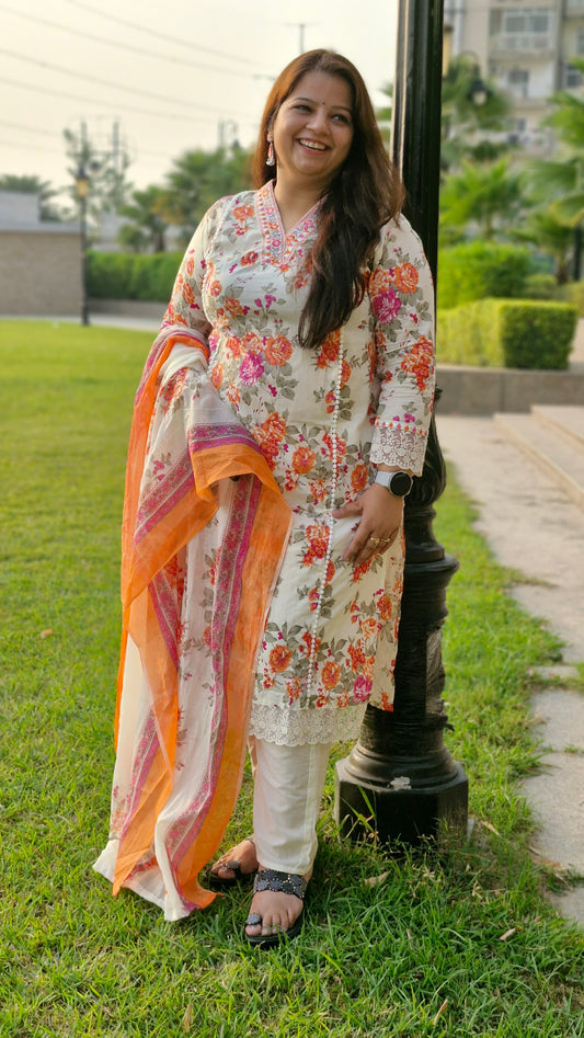 Vibrant Peach & Orange Floral Printed Suit