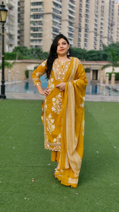 Mustard Yellow Elegance Embroidered Cotton Suit Set