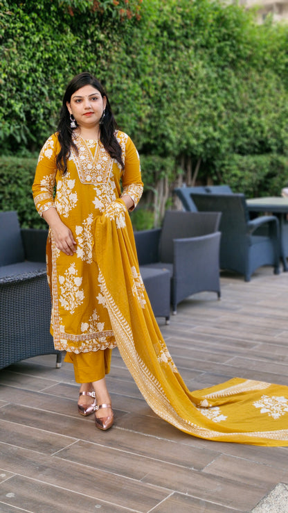 Mustard Yellow Elegance Embroidered Cotton Suit Set